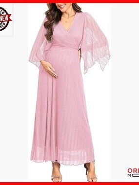 Maternity Sparkle Mesh Maxi Dress Wrap V Neck Handkerchief Sleeves Formal